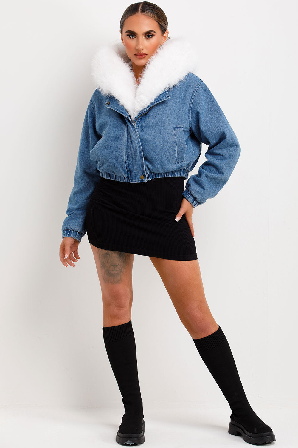 Denim Bomber Jacket with White Faux Fur Hood and | Xtralitty