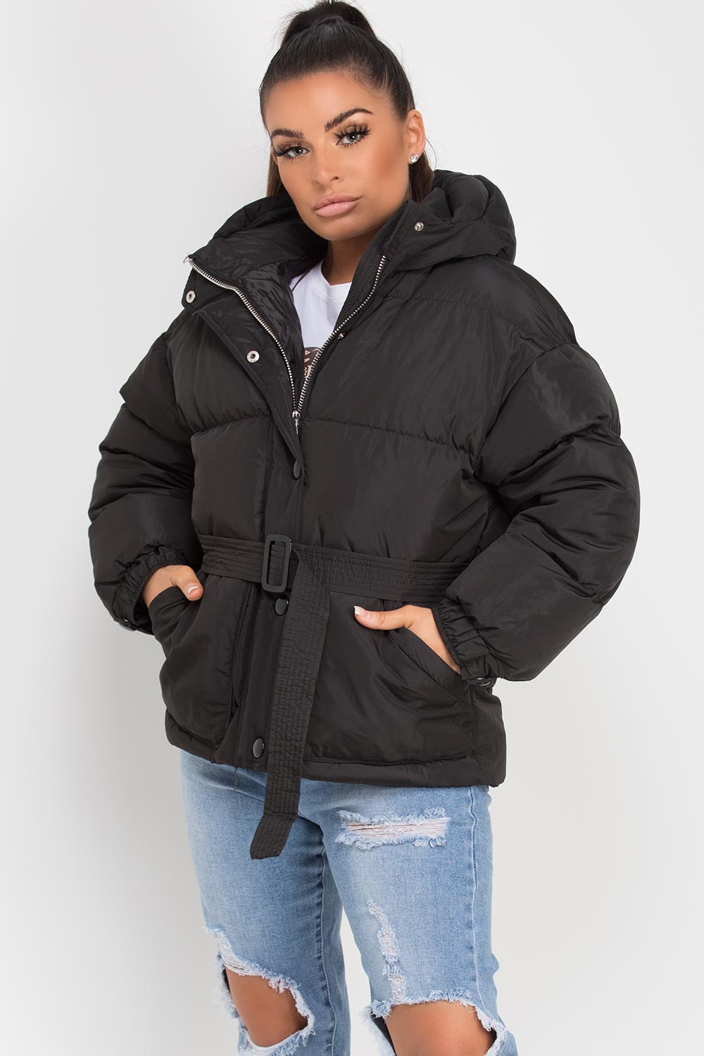 Black Puffer Padded Jacket with Belt | Xtralitty