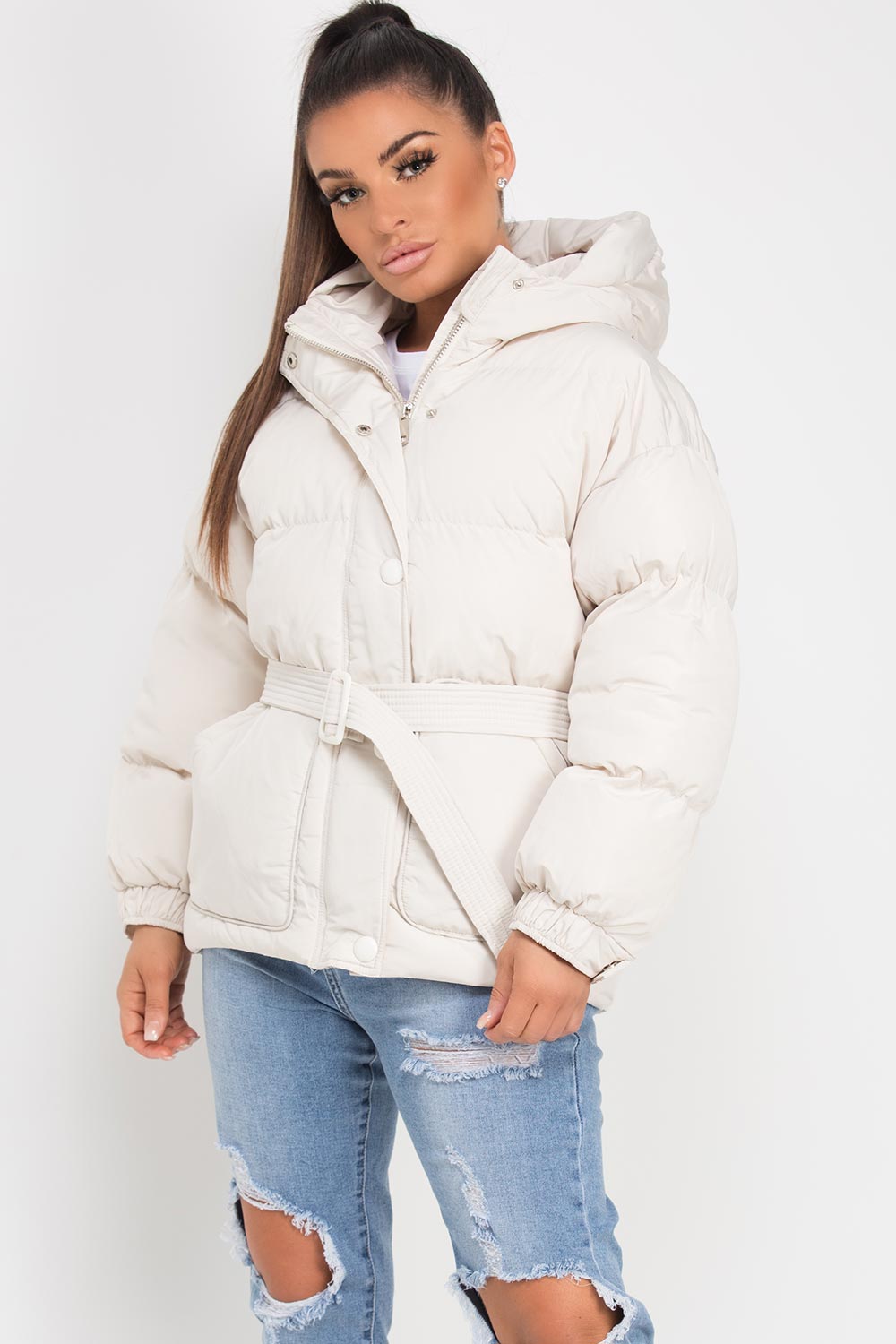 Puffer Padded Jacket with Belt Beige | Xtralitty