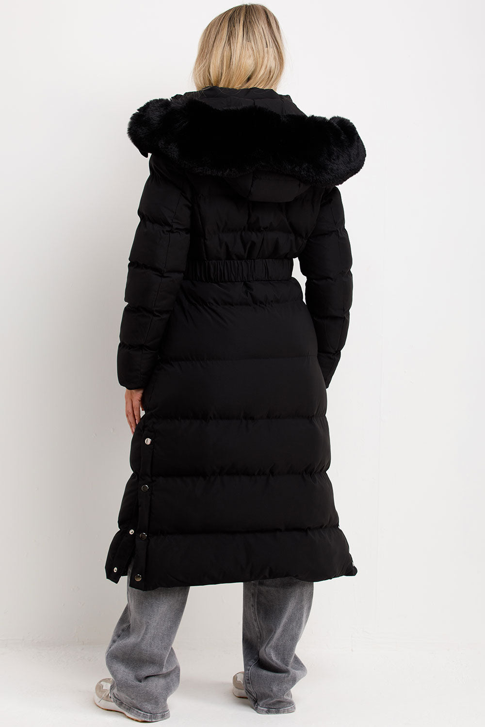Long Puffer Coat with Faux Fur Hood and Belt Bla | Xtralitty