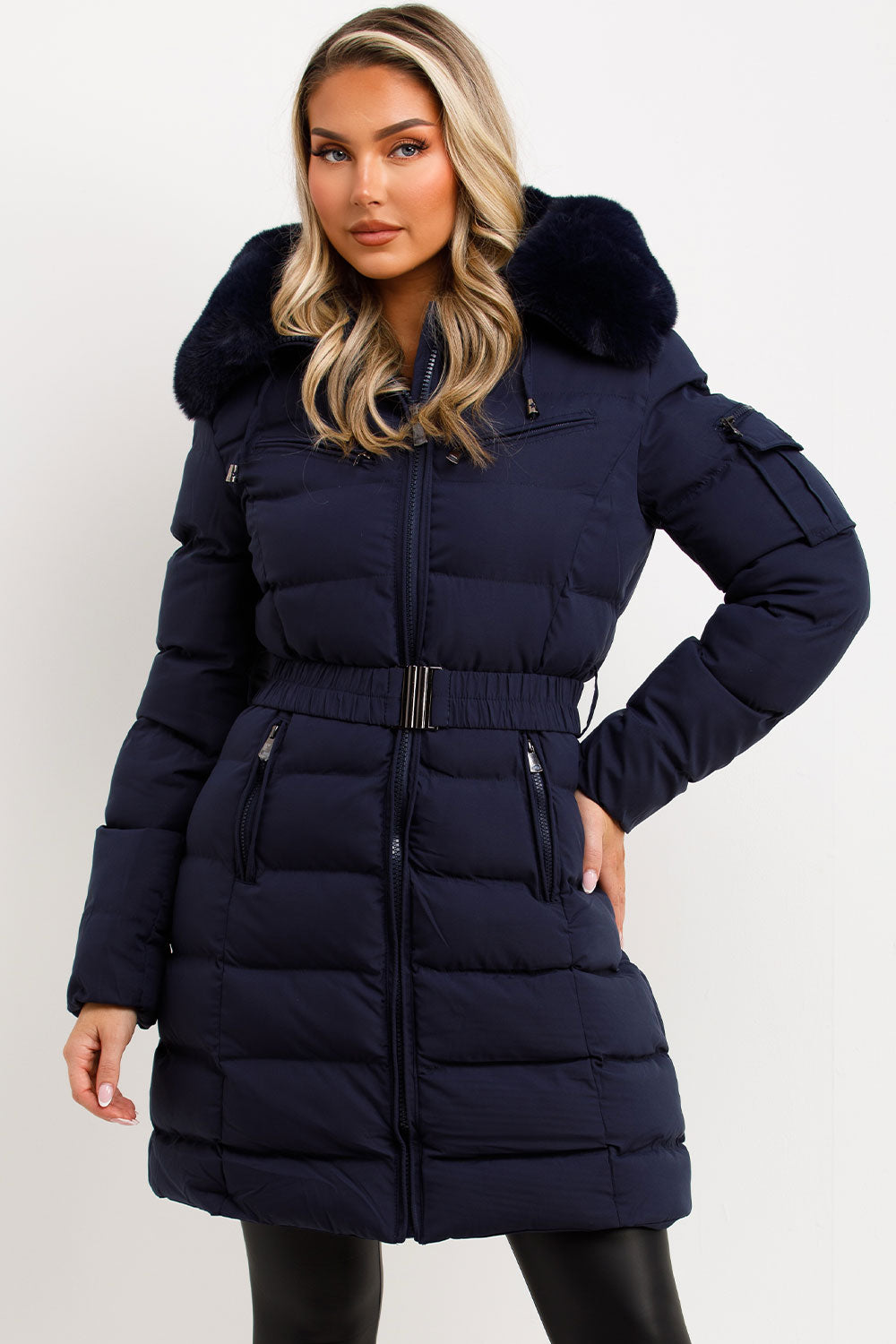 Long Puffer Coat with Fur Hood and Belt Navy | Xtralitty