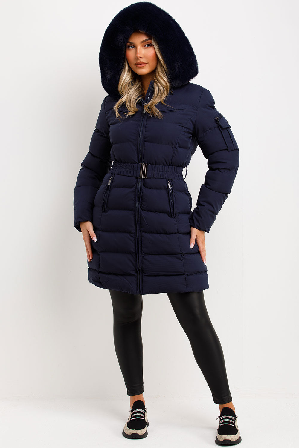 Long Puffer Coat with Fur Hood and Belt Navy | Xtralitty
