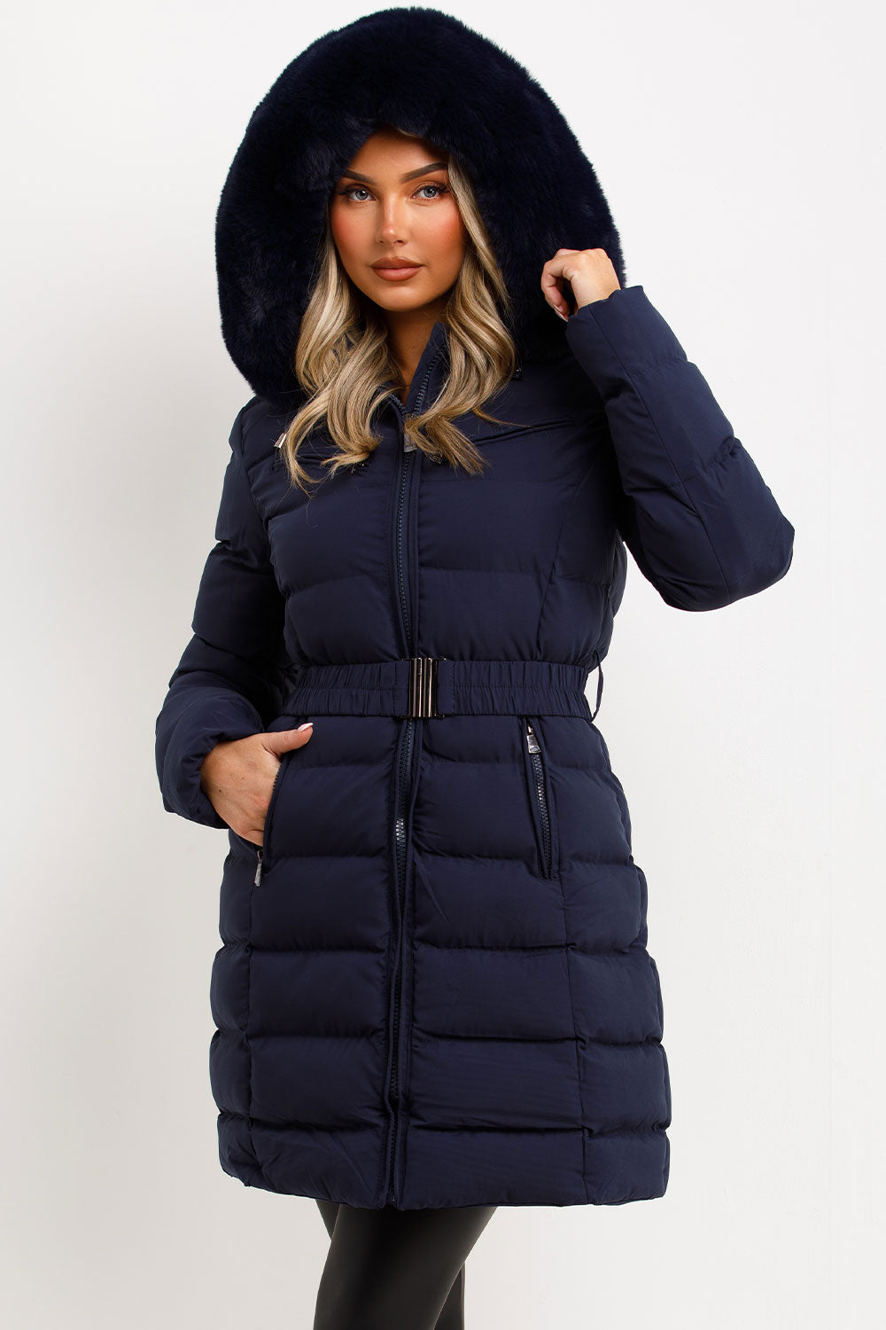 Long Puffer Coat with Fur Hood and Belt Navy | Xtralitty