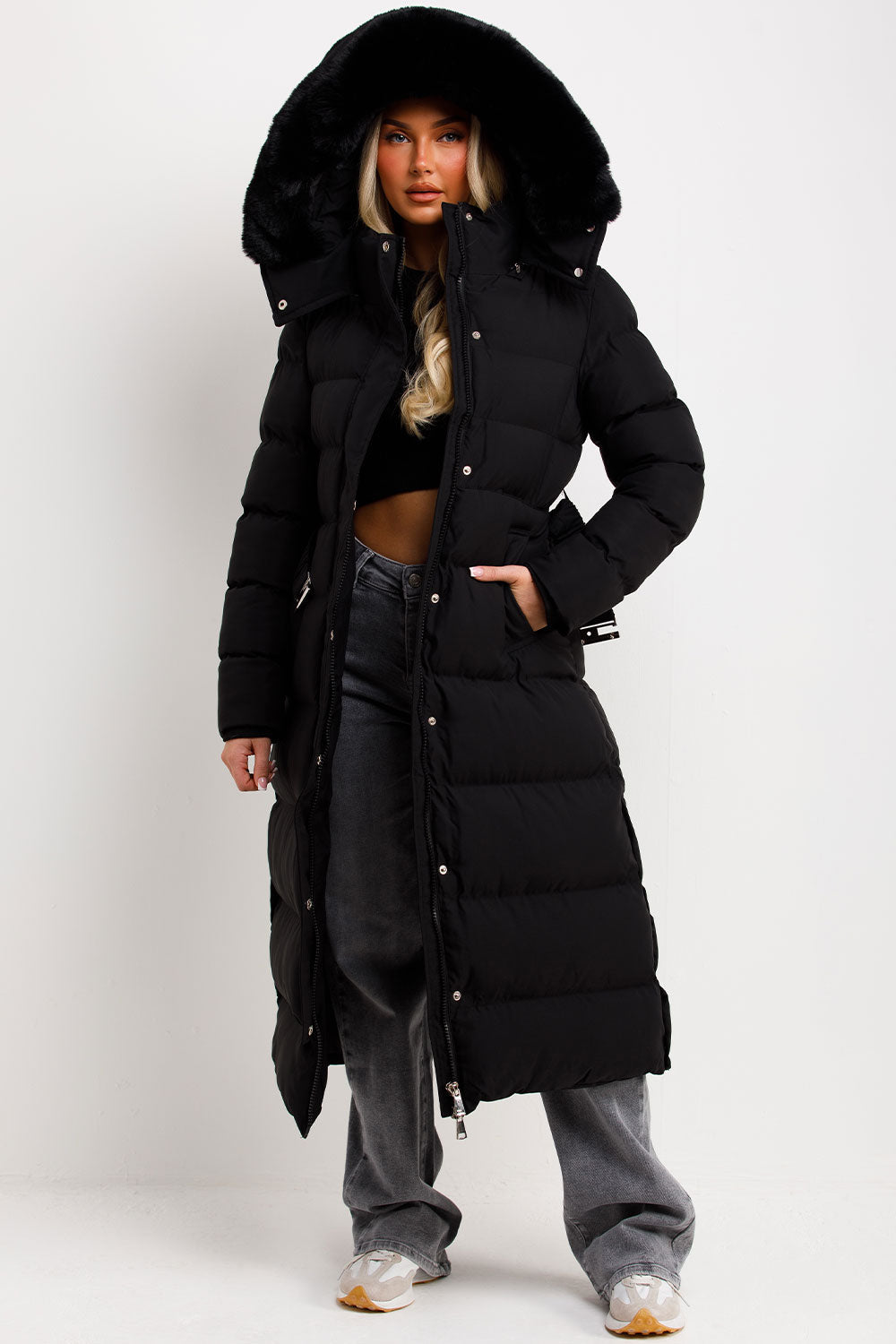 Long Puffer Coat with Faux Fur Hood and Belt Bla | Xtralitty