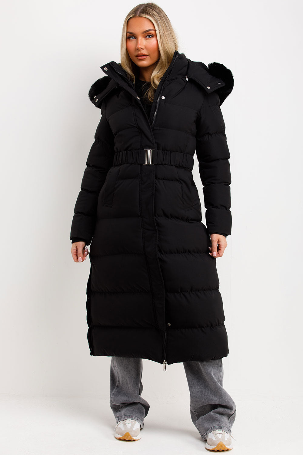 Long Puffer Coat with Faux Fur Hood and Belt Bla | Xtralitty
