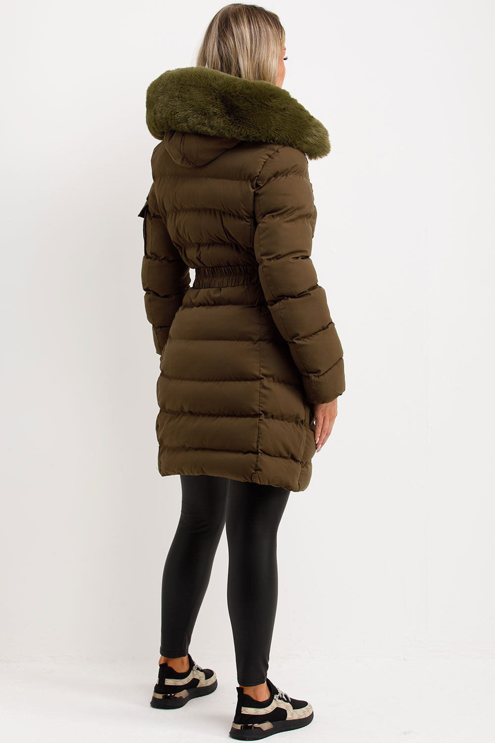 Long Puffer Coat with Fur Hood and Belt Khaki | Xtralitty