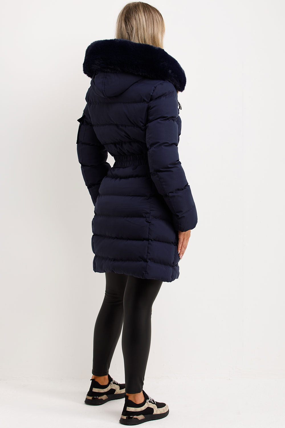 Long Puffer Coat with Fur Hood and Belt Navy | Xtralitty