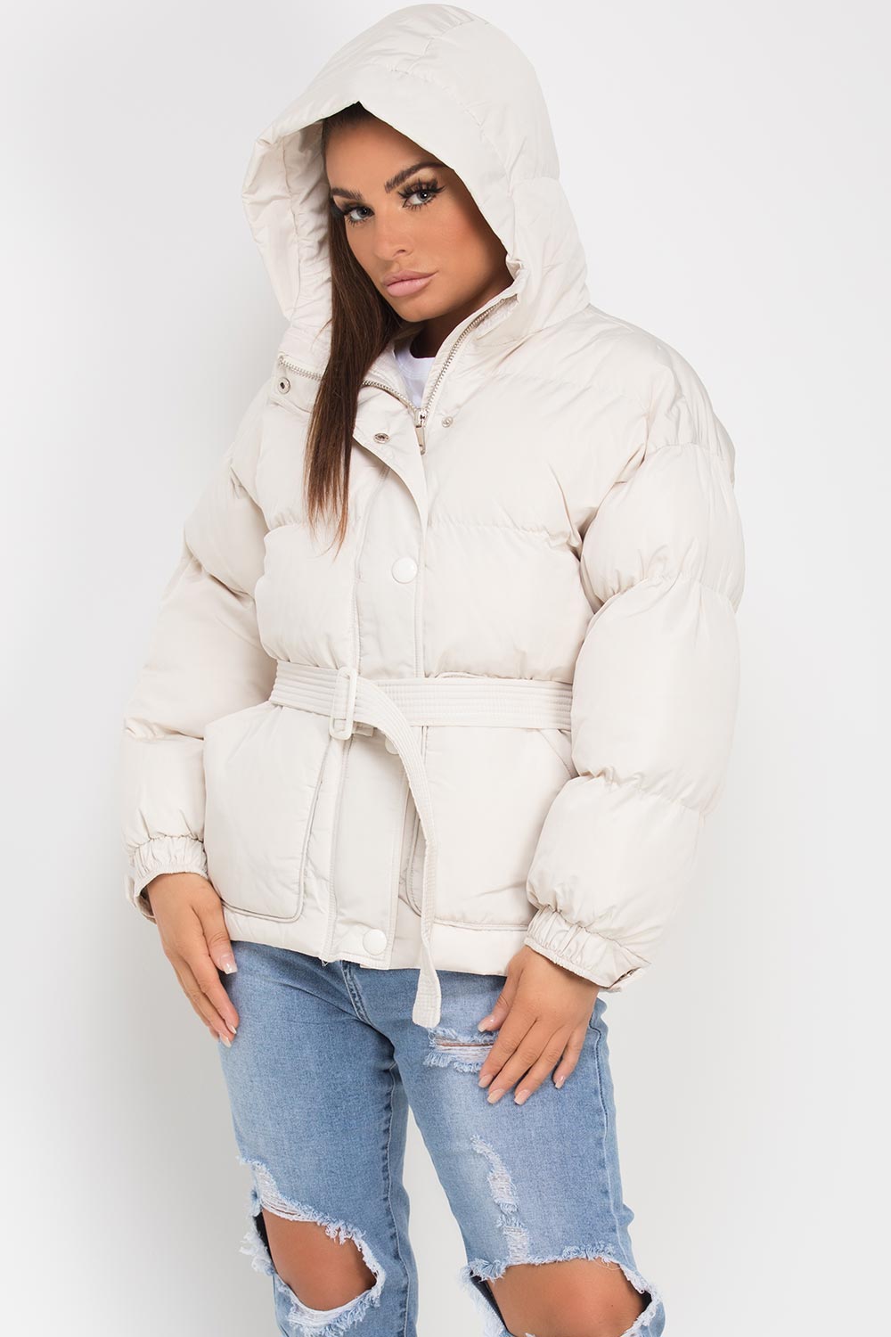 Puffer Padded Jacket with Belt Beige | Xtralitty