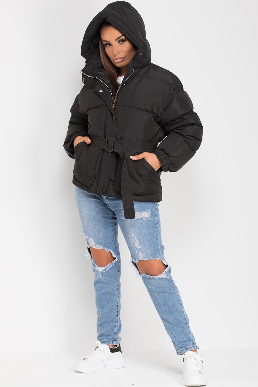 Black Puffer Padded Jacket with Belt | Xtralitty