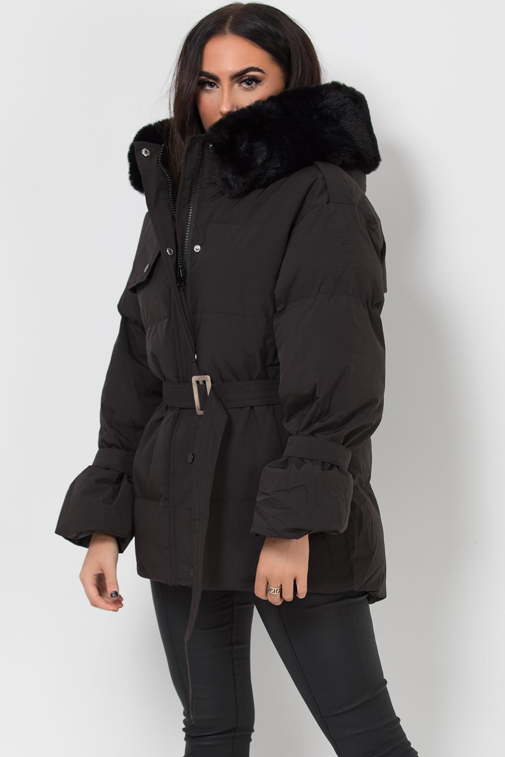 Black Puffer Padded Coat with Faux Fur Hood | Xtralitty