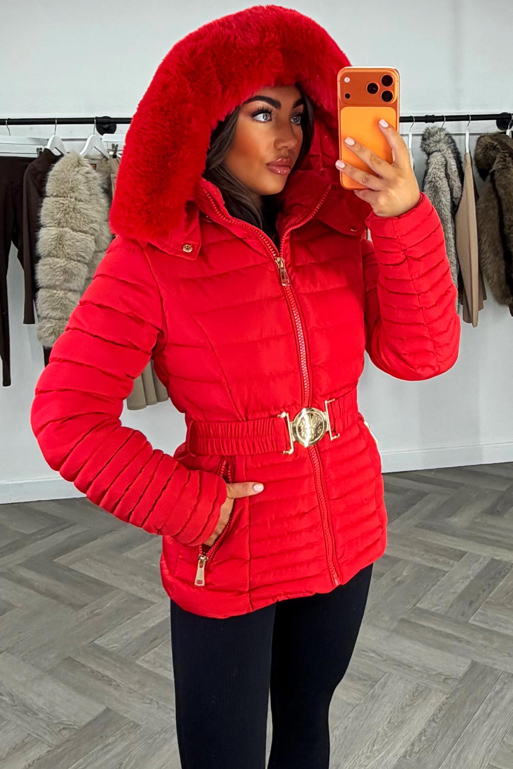 Red Puffer Jacket with Faux Fur Hood and Gold Be | Xtralitty