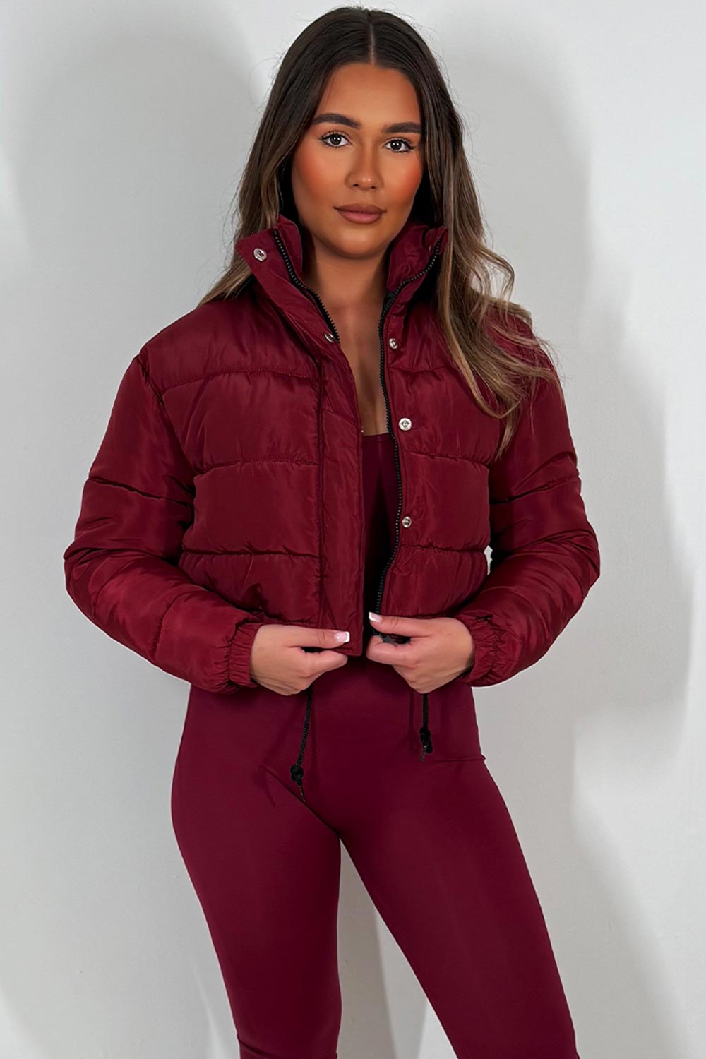Crop Puffer Jacket with Drawstring Hem Burgundy | Xtralitty