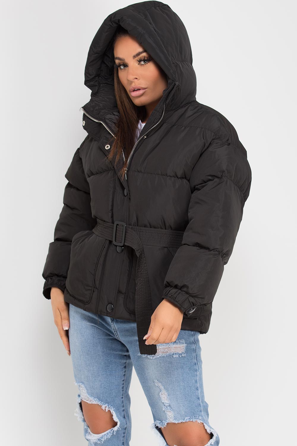 Black Puffer Padded Jacket with Belt | Xtralitty