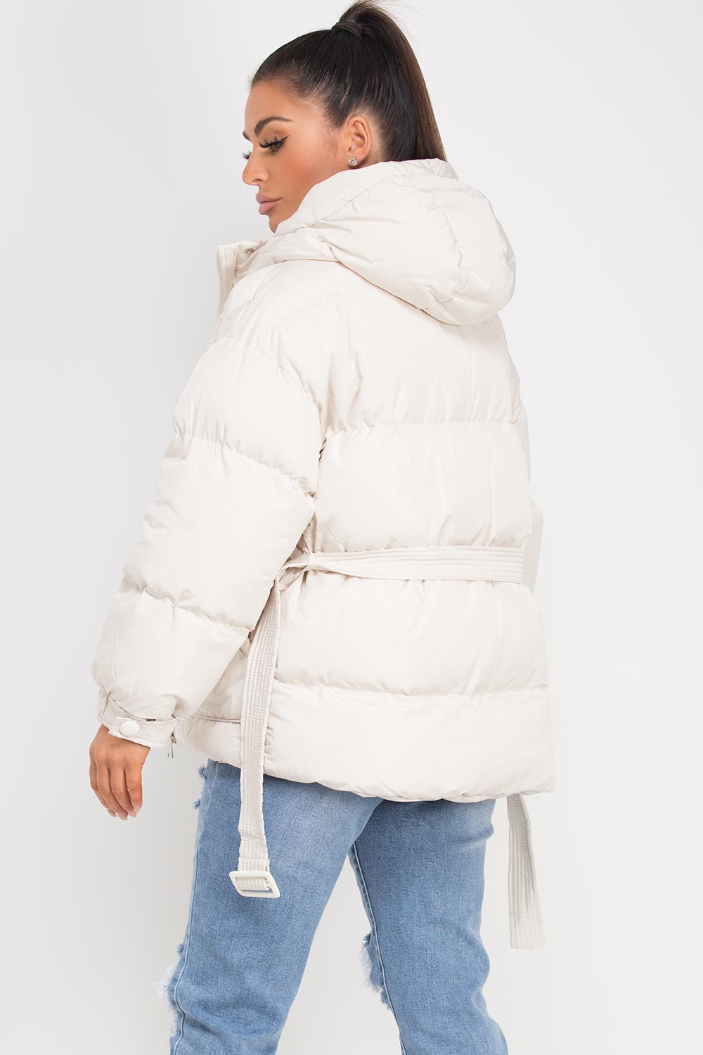 Puffer Padded Jacket with Belt Beige | Xtralitty
