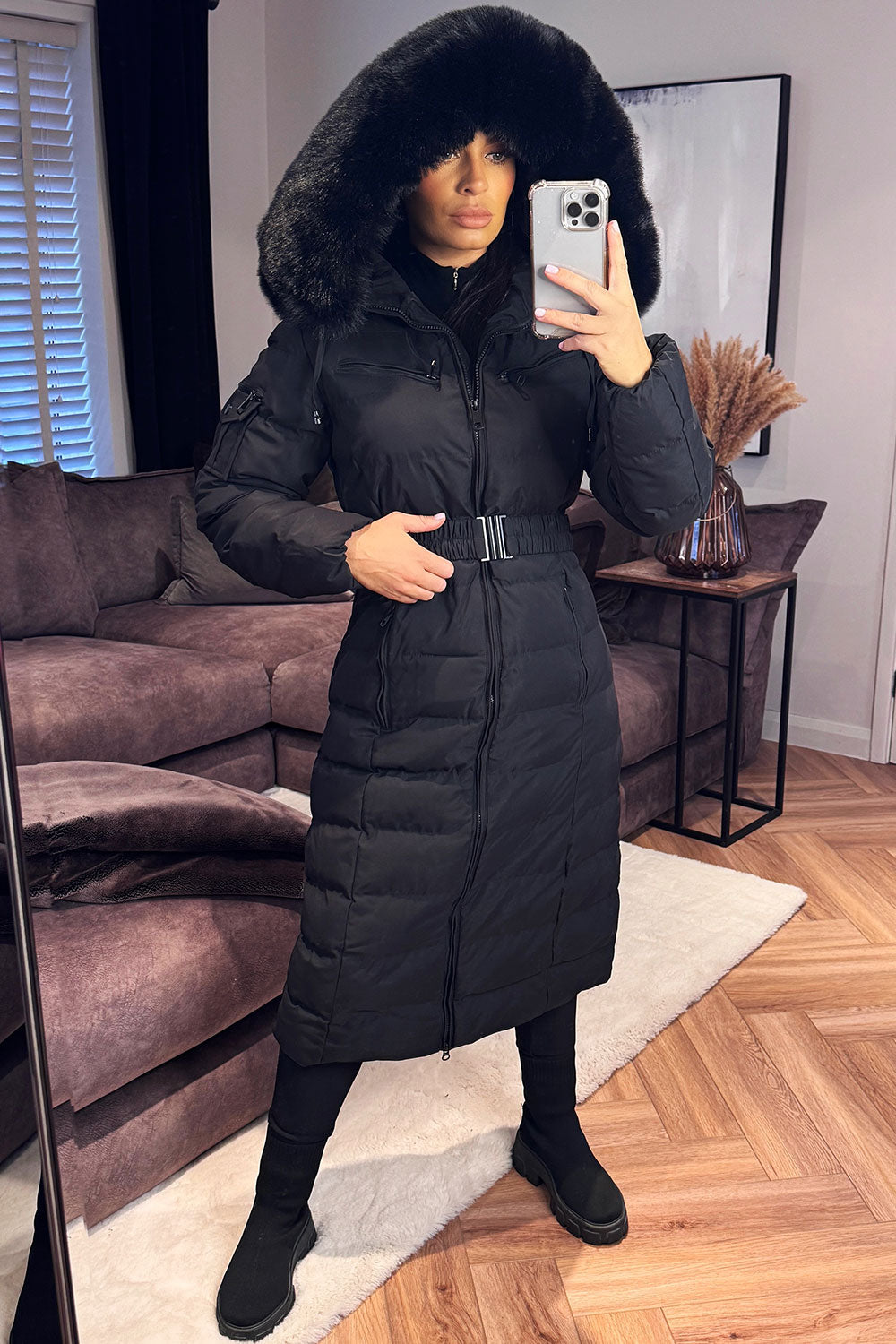 Longline Puffer Padded Coat with Fur Hood and Be | Xtralitty