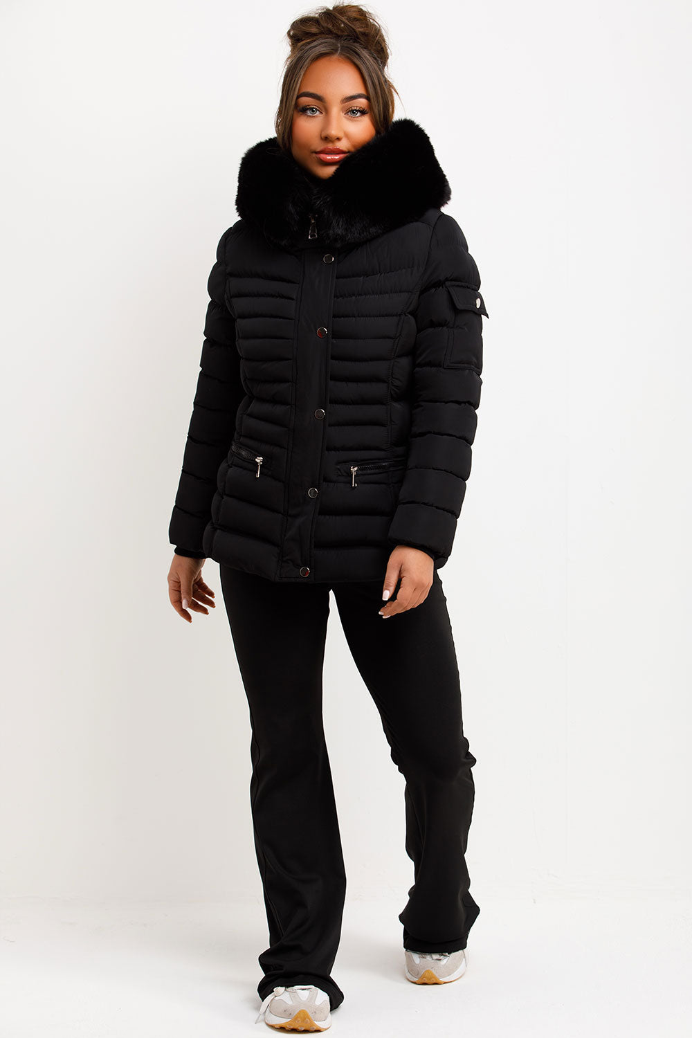 Puffer Jacket with Faux Fur Hood Side Buckle Det | Xtralitty