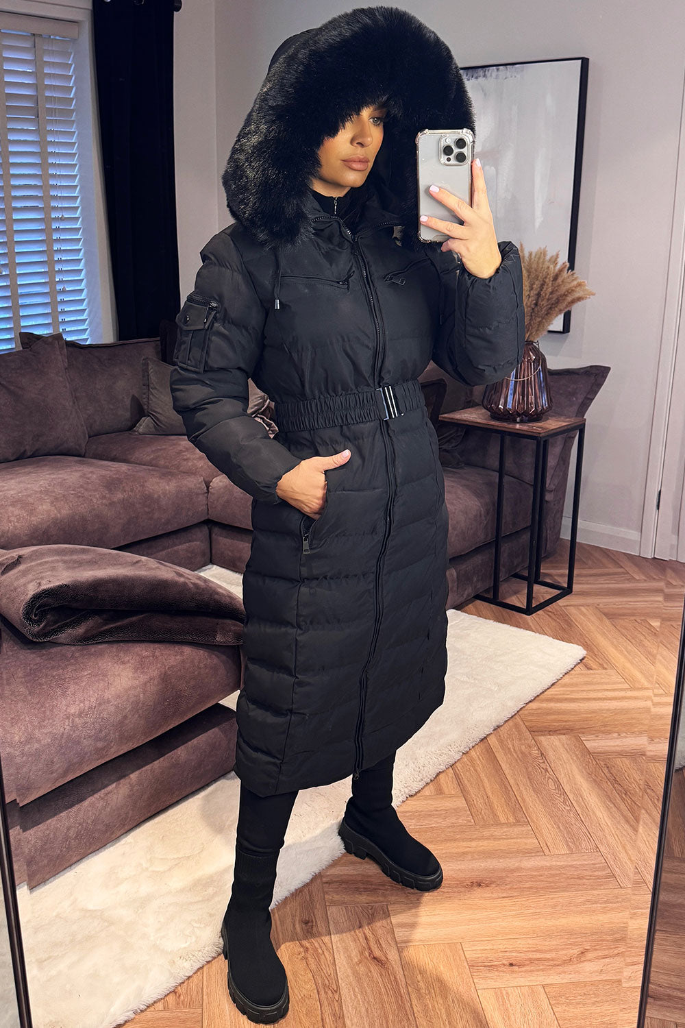 Longline Puffer Padded Coat with Fur Hood and Be | Xtralitty