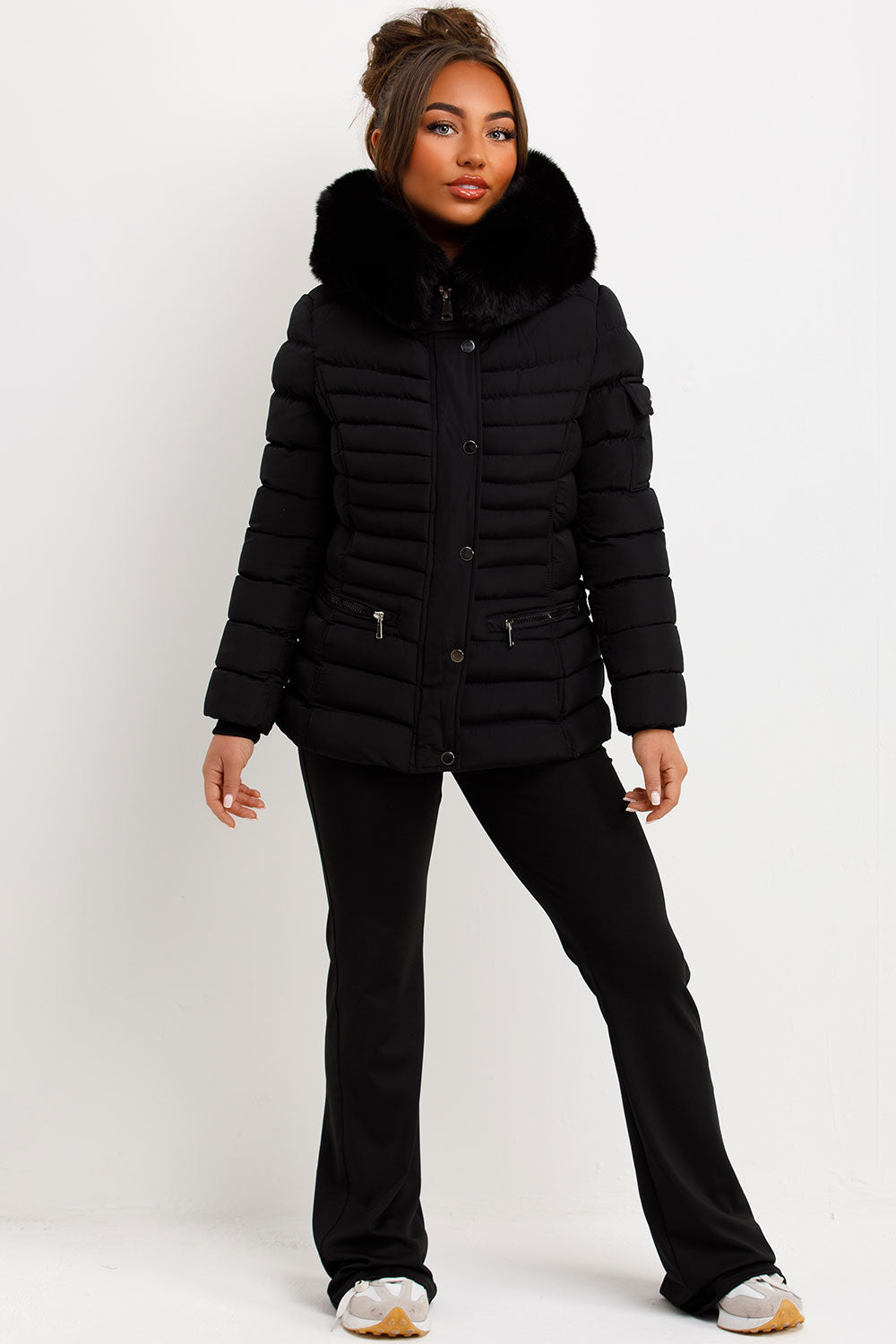 Puffer Jacket with Faux Fur Hood Side Buckle Det | Xtralitty
