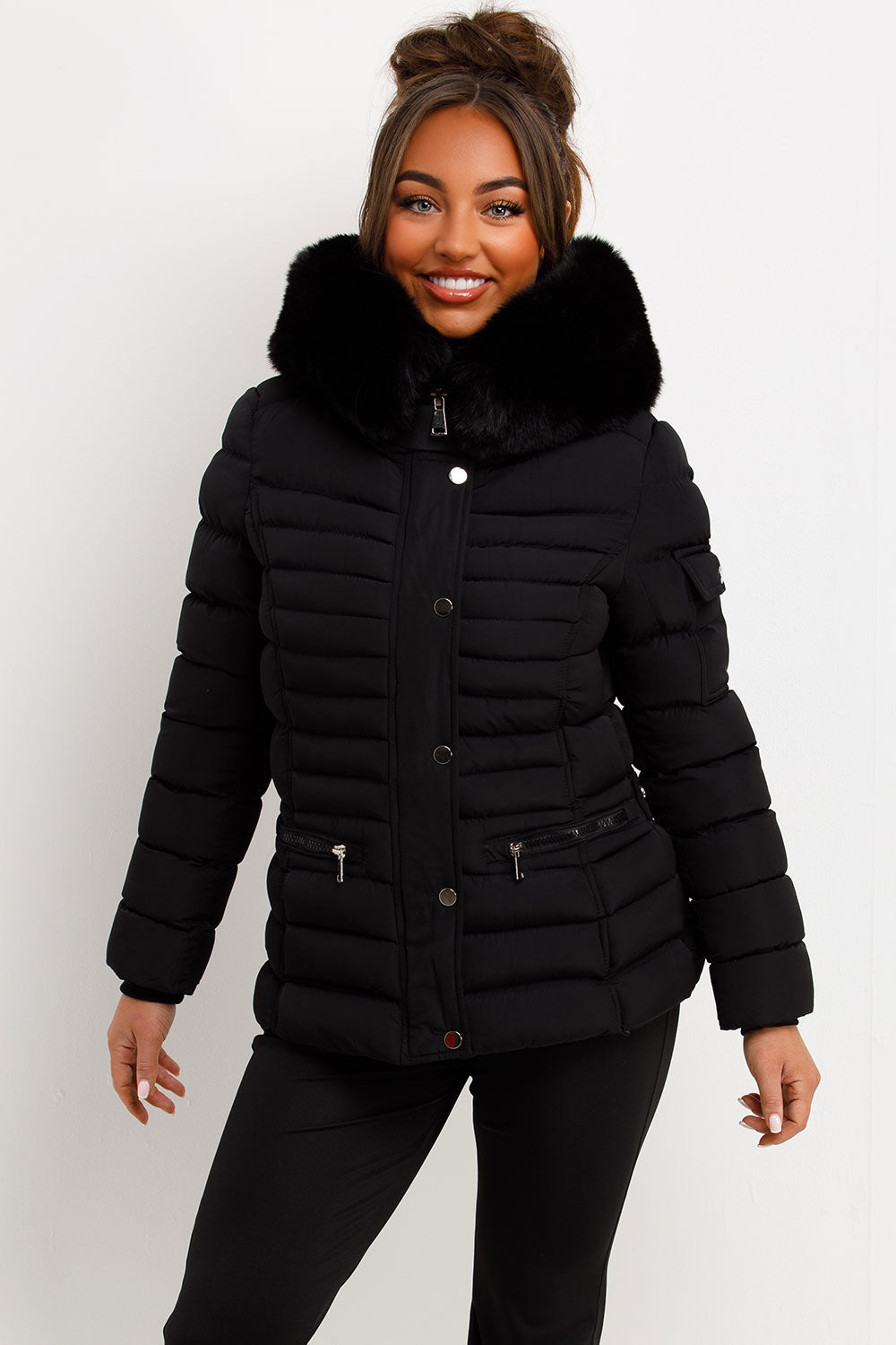 Puffer Jacket with Faux Fur Hood Side Buckle Det | Xtralitty