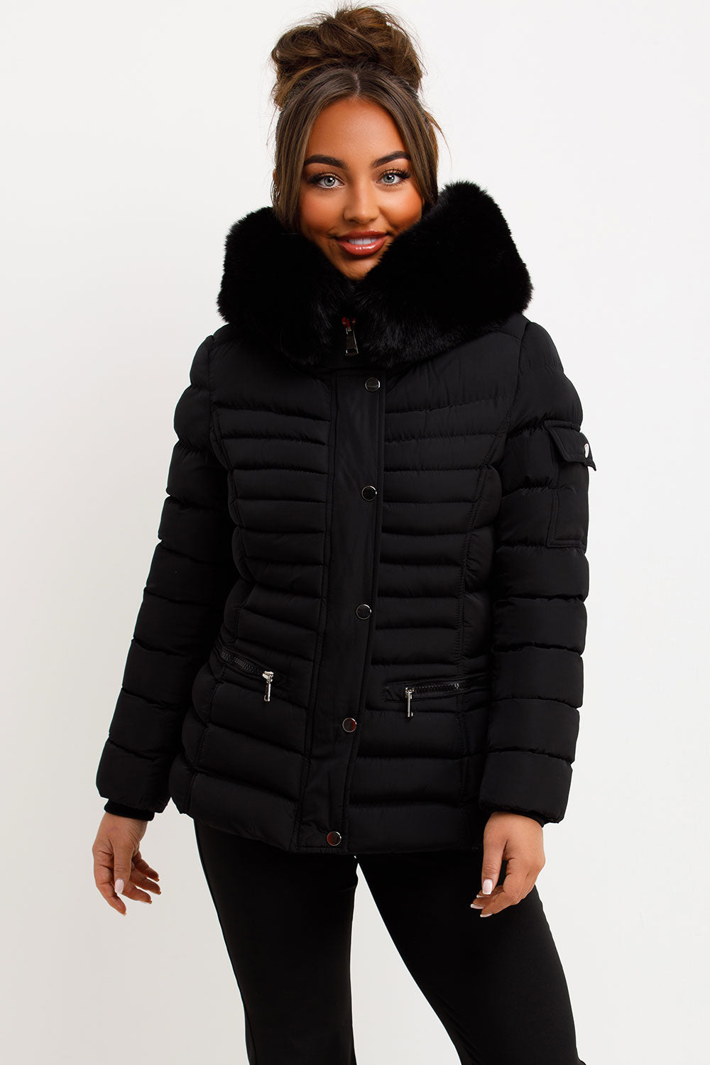 Puffer Jacket with Faux Fur Hood Side Buckle Det | Xtralitty