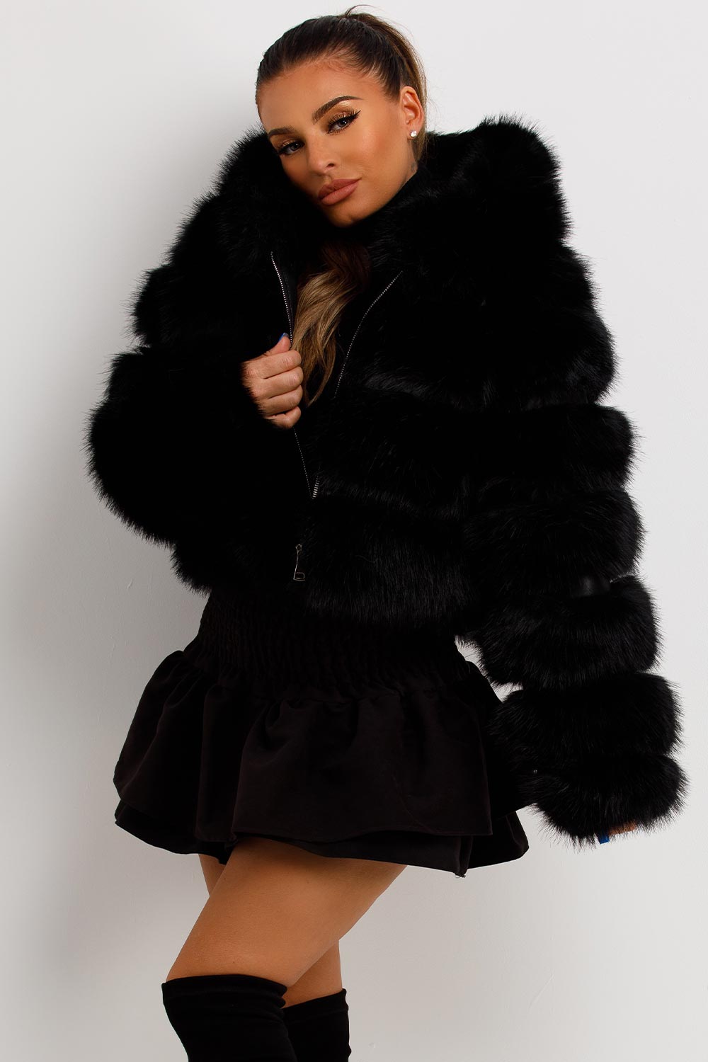 Faux Fur Coat with Hood Black | Xtralitty