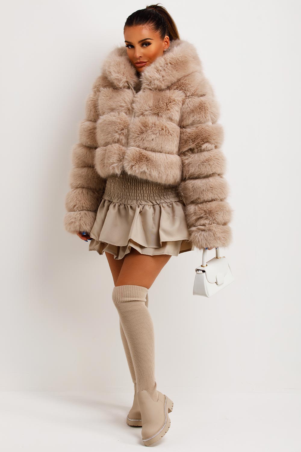 Faux Fur Coat with Hood Beige | Xtralitty