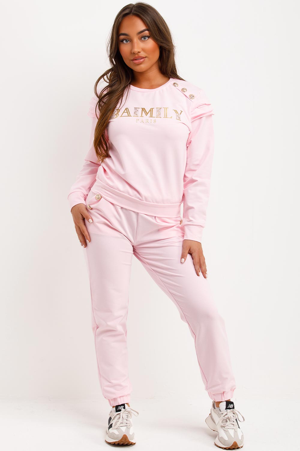 Gold Button Frill Shoulder Loungewear Set Pink | Xtralitty