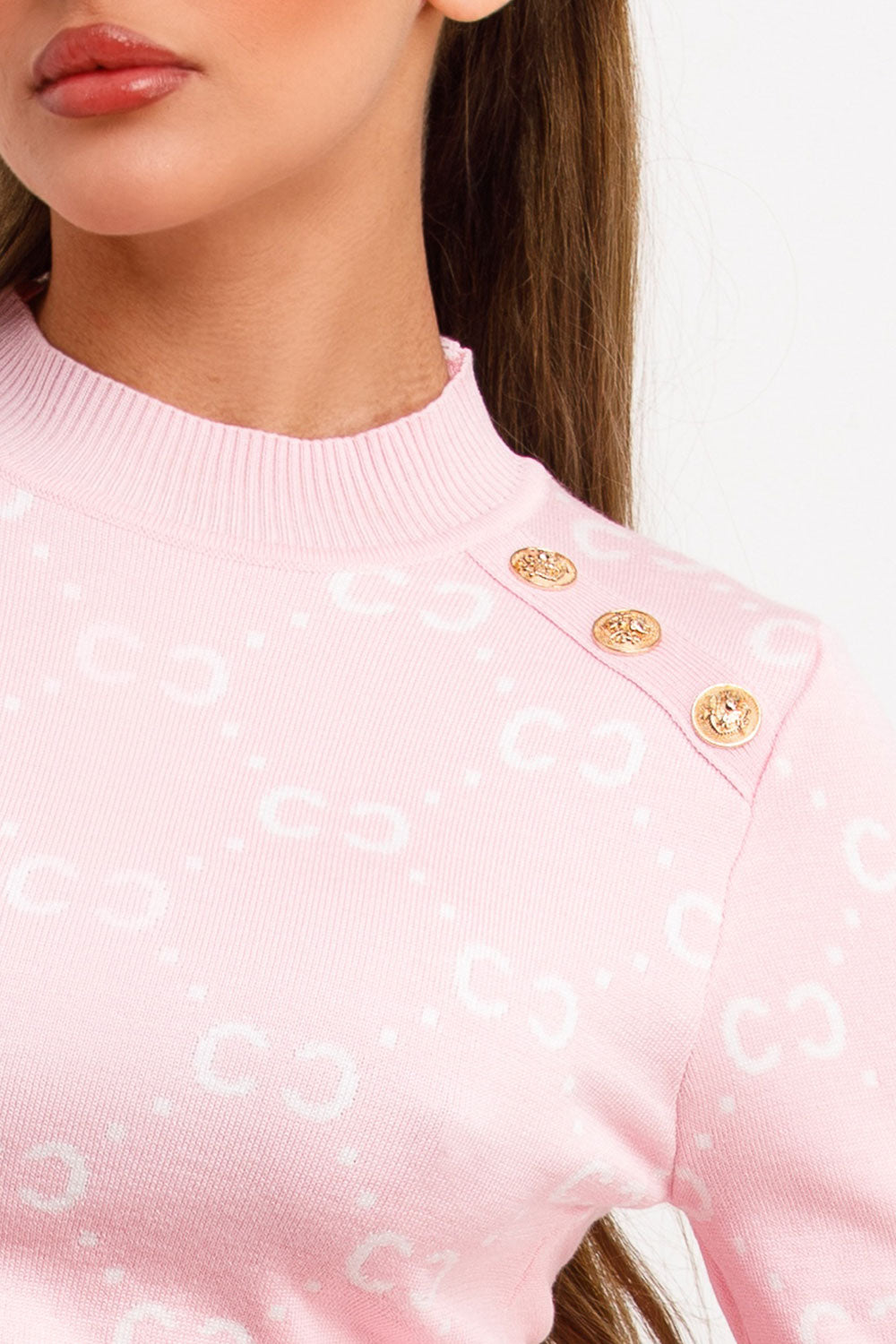 Knitted Jumper with Gold Button Cc Print Pink | Xtralitty