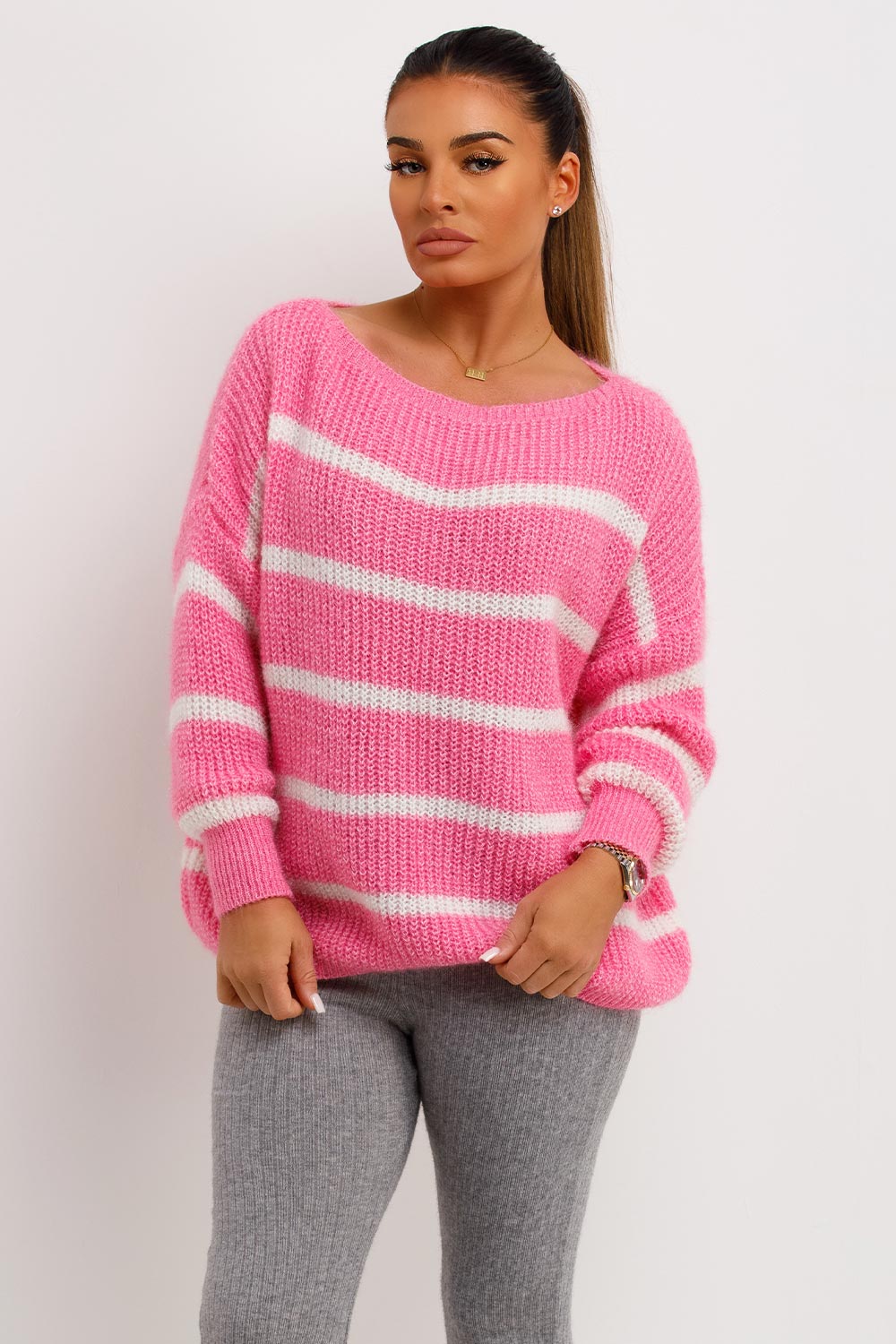 Oversized Knitted Jumper with Stripes Pink | Xtralitty