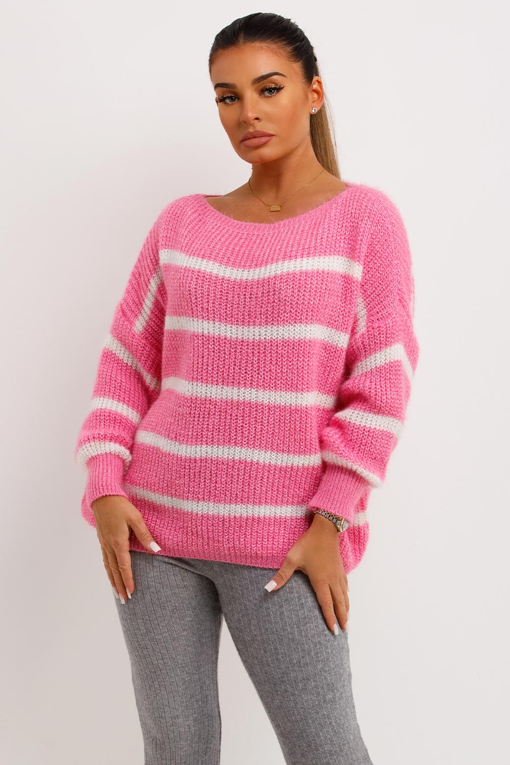 Oversized Knitted Jumper with Stripes Pink | Xtralitty