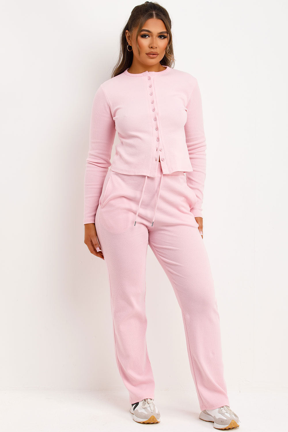 Rib Button Up Long Sleeve Top and Trouser Lounge | Xtralitty