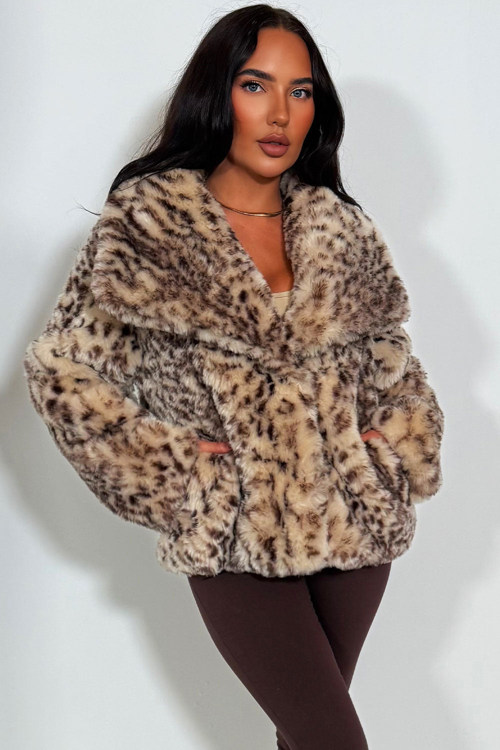 Faux Fur Jacket in Beige Leopard Print | Xtralitty