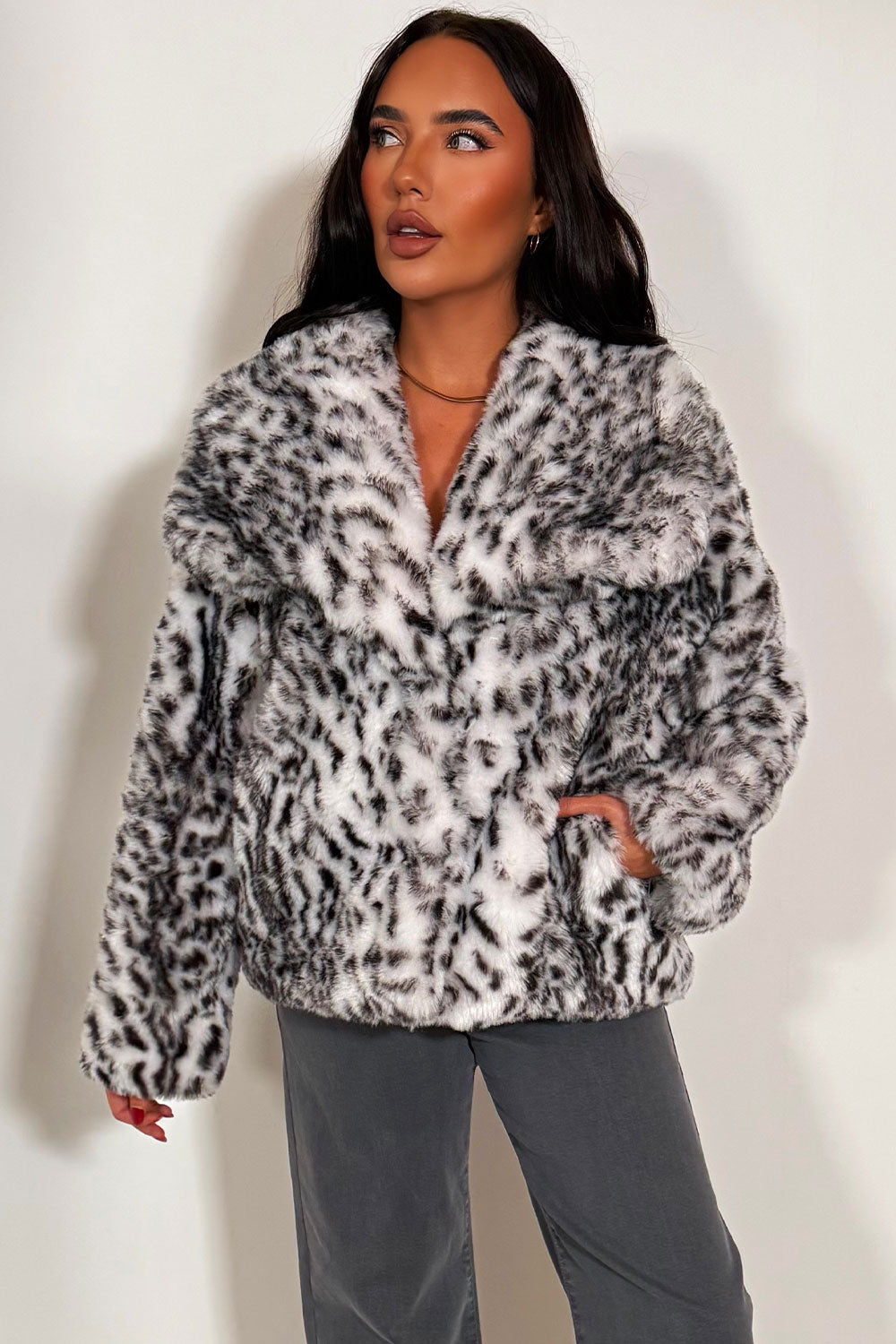 Faux Fur Jacket in White Leopard Print | Xtralitty