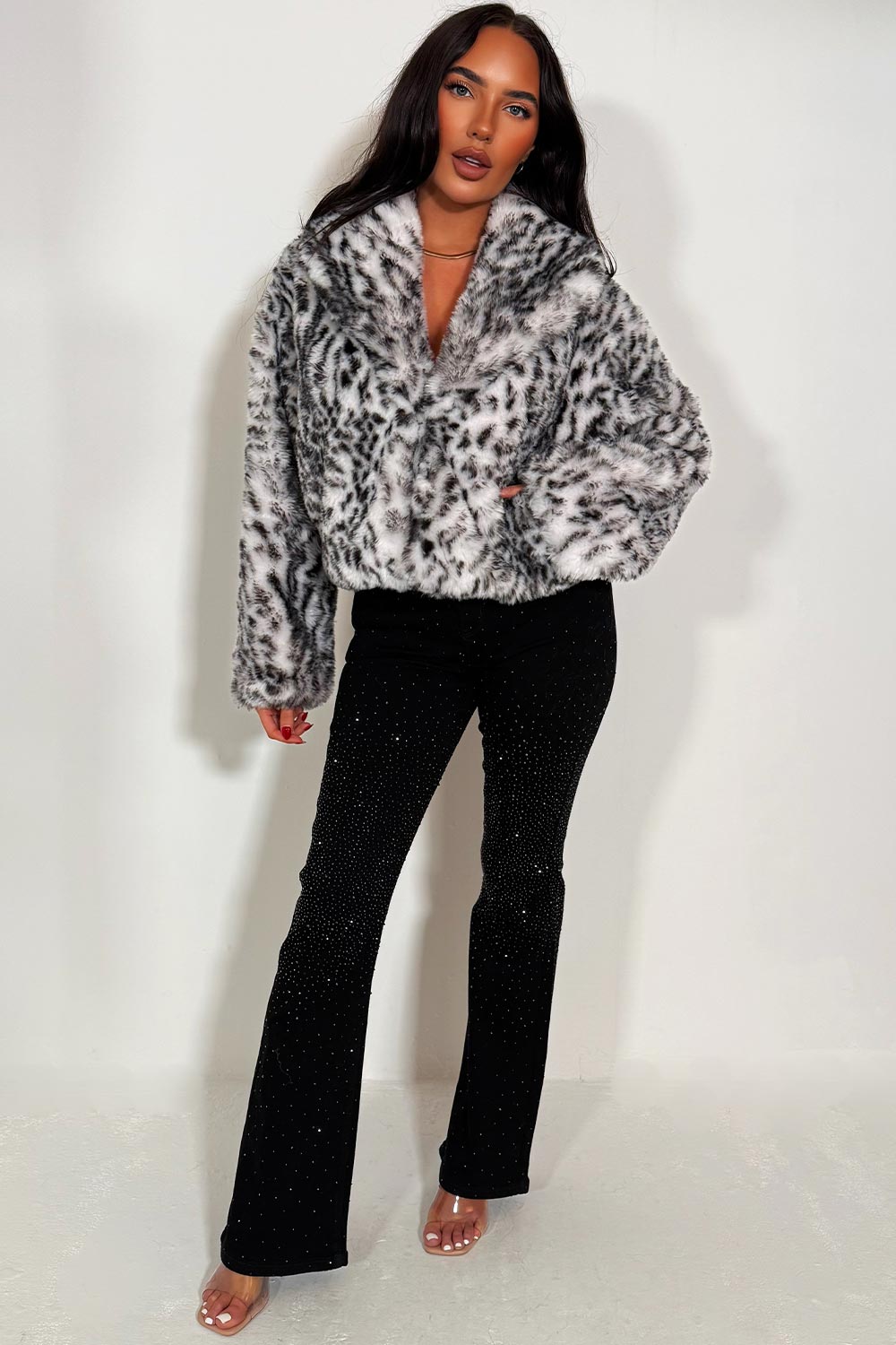 Shorts Faux Fur Jacket in White Leopard Print | Xtralitty