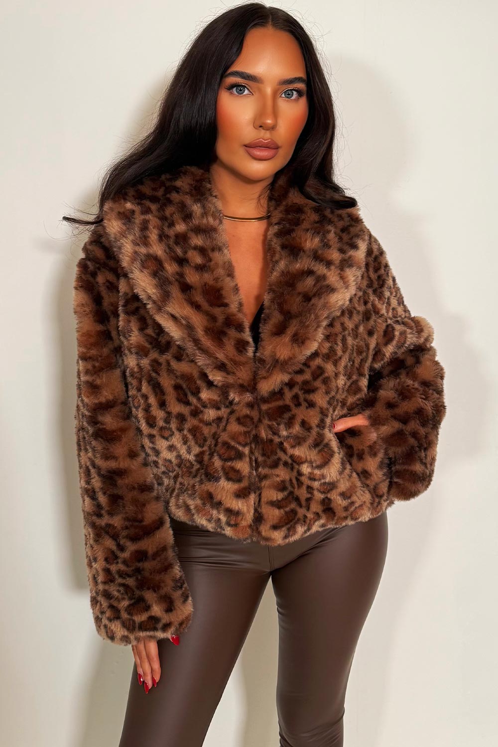 Shorts Faux Fur Jacket in Tan Leopard Print | Xtralitty
