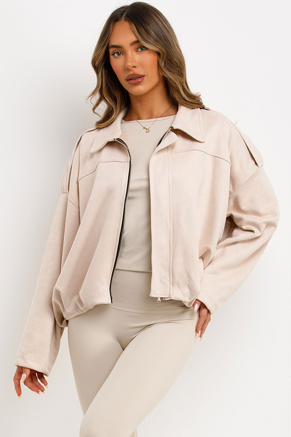 Faux Suede Bomber Jacket with Tabs Beige | Xtralitty