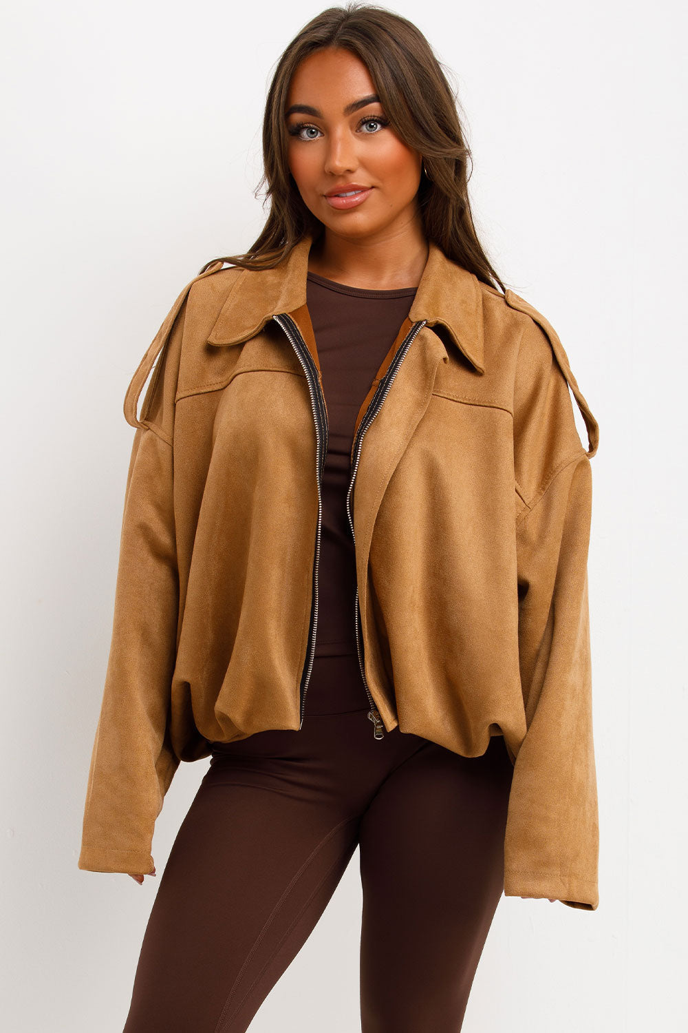 Faux Suede Bomber Jacket with Tabs Taupe | Xtralitty