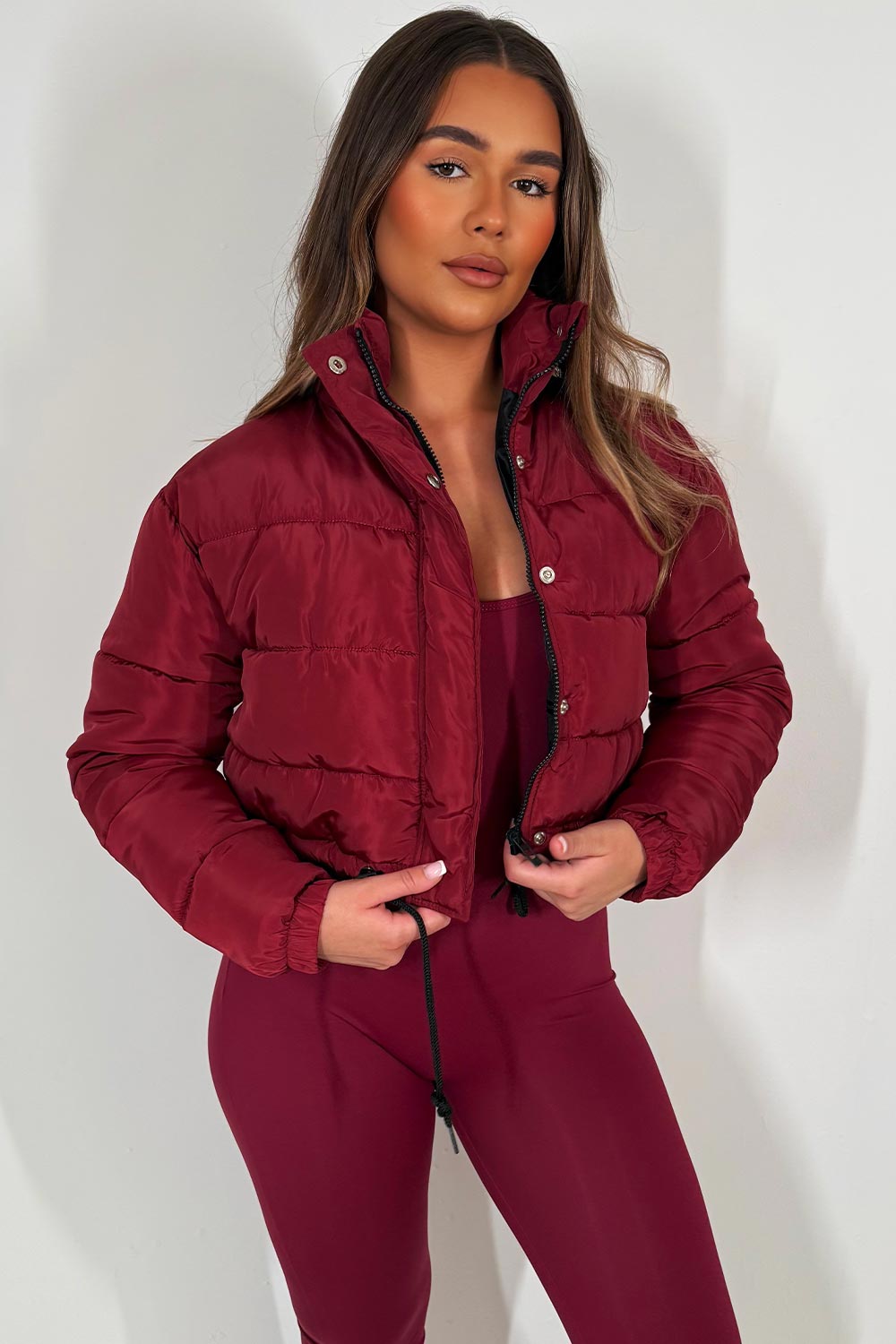 Crop Puffer Jacket with Drawstring Hem Burgundy | Xtralitty