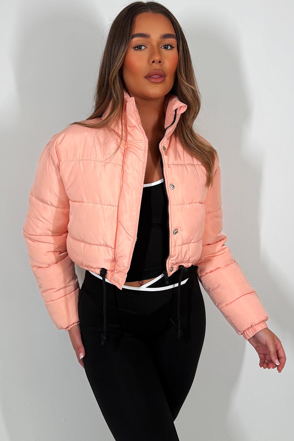 Crop Puffer Jacket with Drawstring Hem Peach | Xtralitty