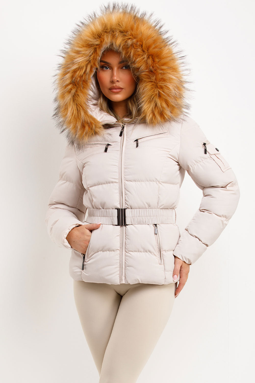 Faux Fur Hood Puffer Jacket with Belt Beige | Xtralitty