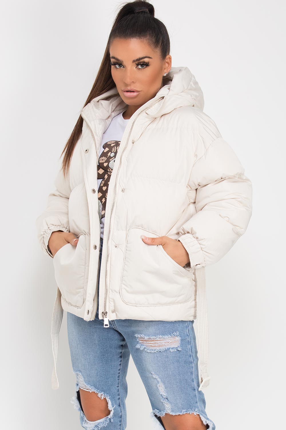Puffer Padded Jacket with Belt Beige | Xtralitty