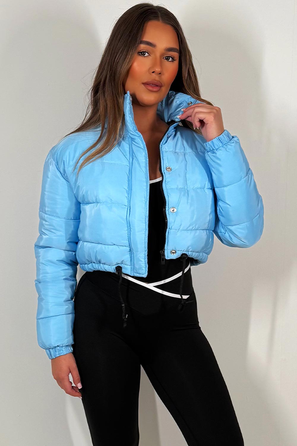 Crop Puffer Jacket with Drawstring Hem Sky Blue | Xtralitty