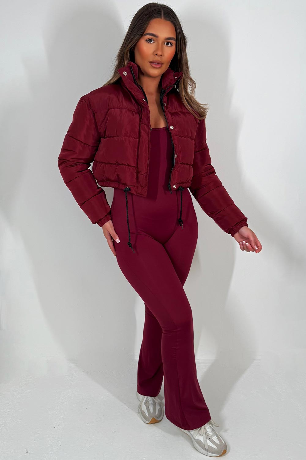 Crop Puffer Jacket with Drawstring Hem Burgundy | Xtralitty