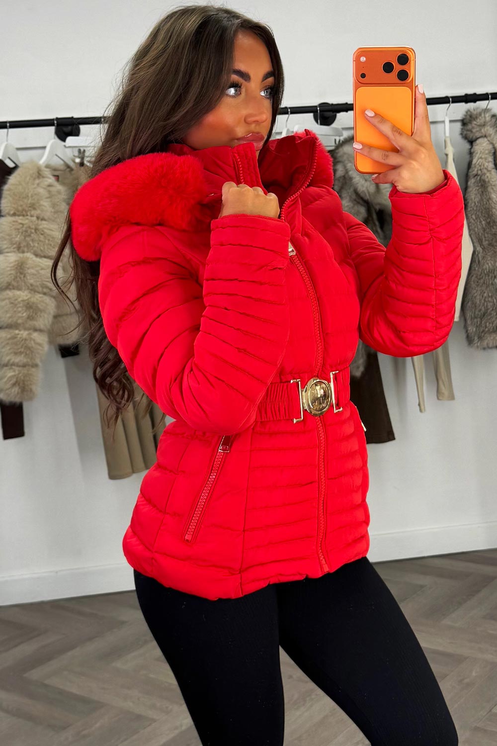 Red Puffer Jacket with Faux Fur Hood and Gold Be | Xtralitty