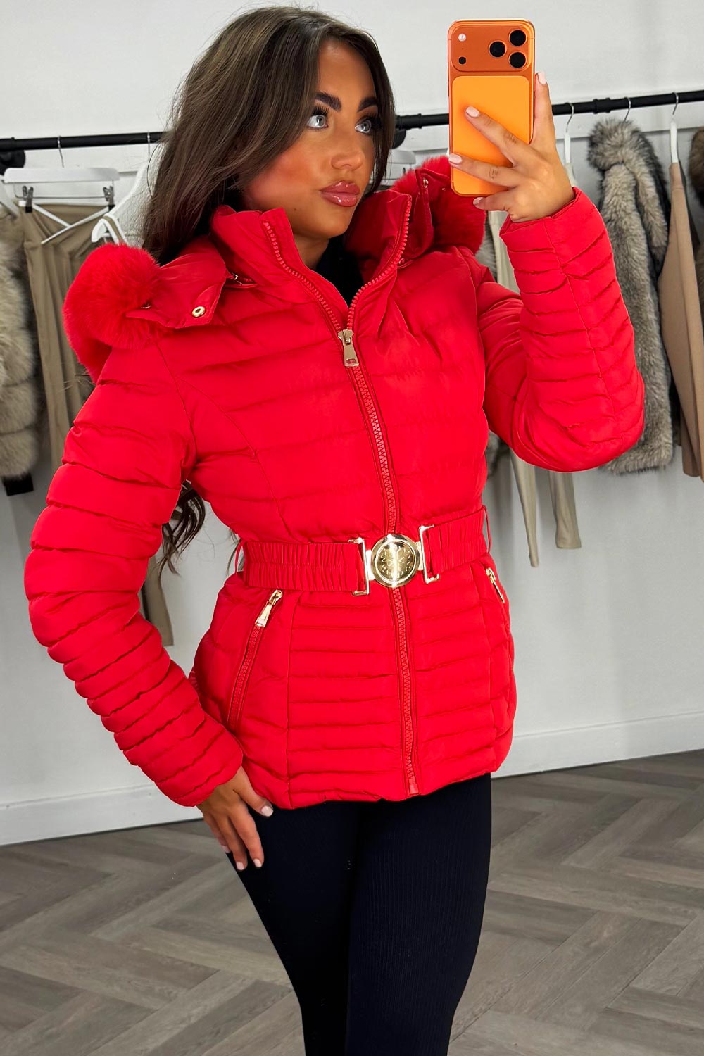 Red Puffer Jacket with Faux Fur Hood and Gold Be | Xtralitty