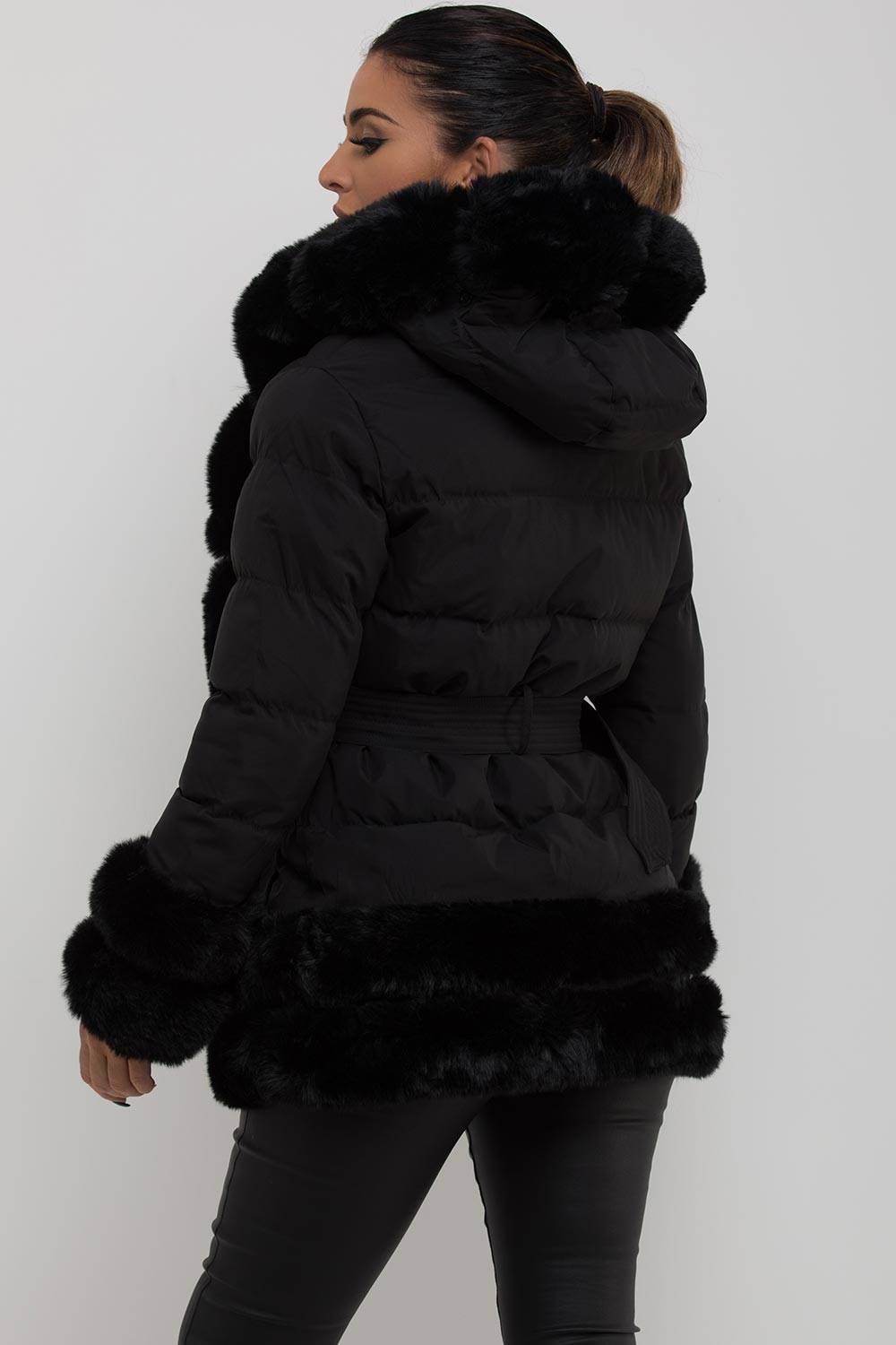 Puffer Jacket with Fur Hood Cuff and Trim Black | Xtralitty