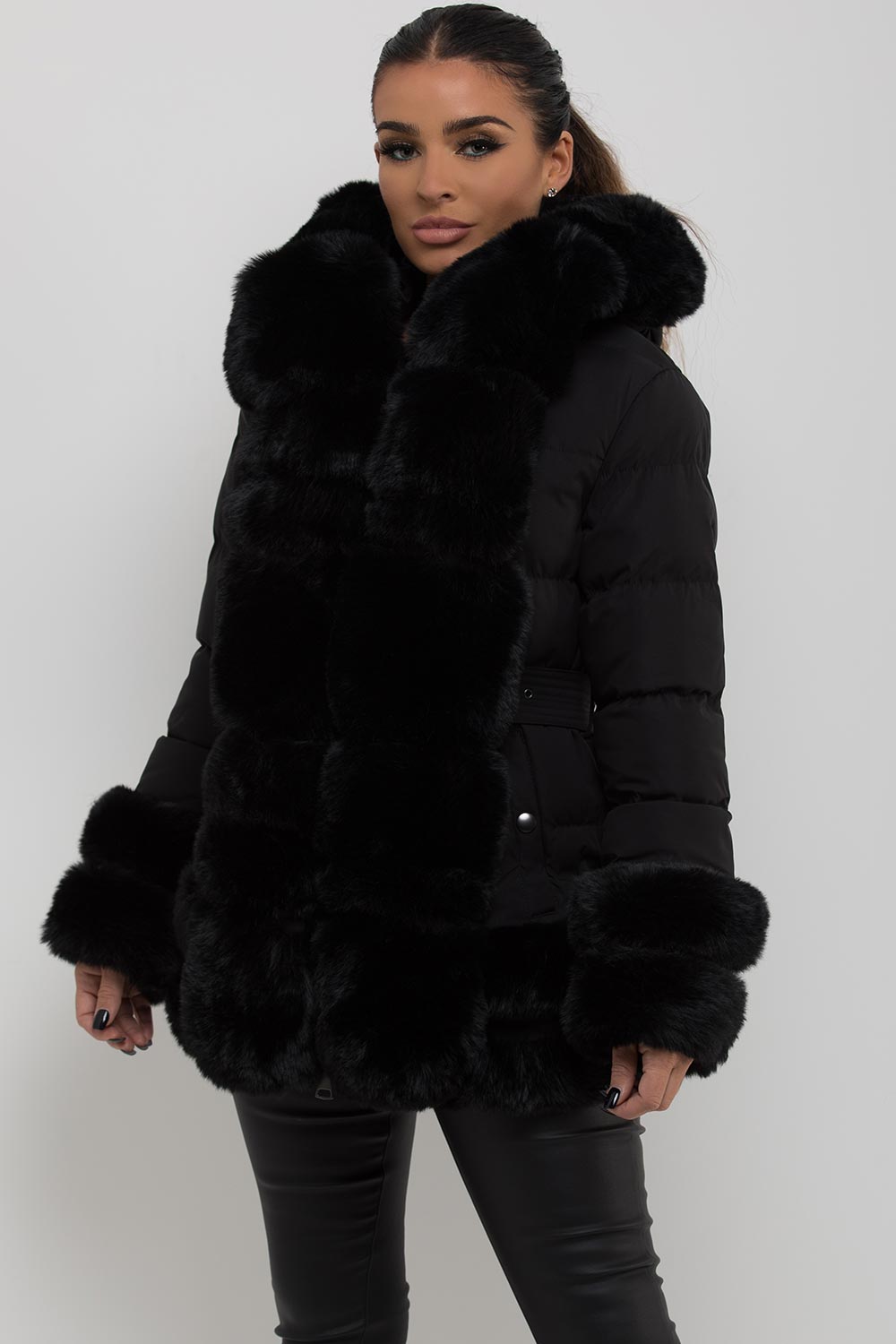 Puffer Jacket with Fur Hood Cuff and Trim Black | Xtralitty