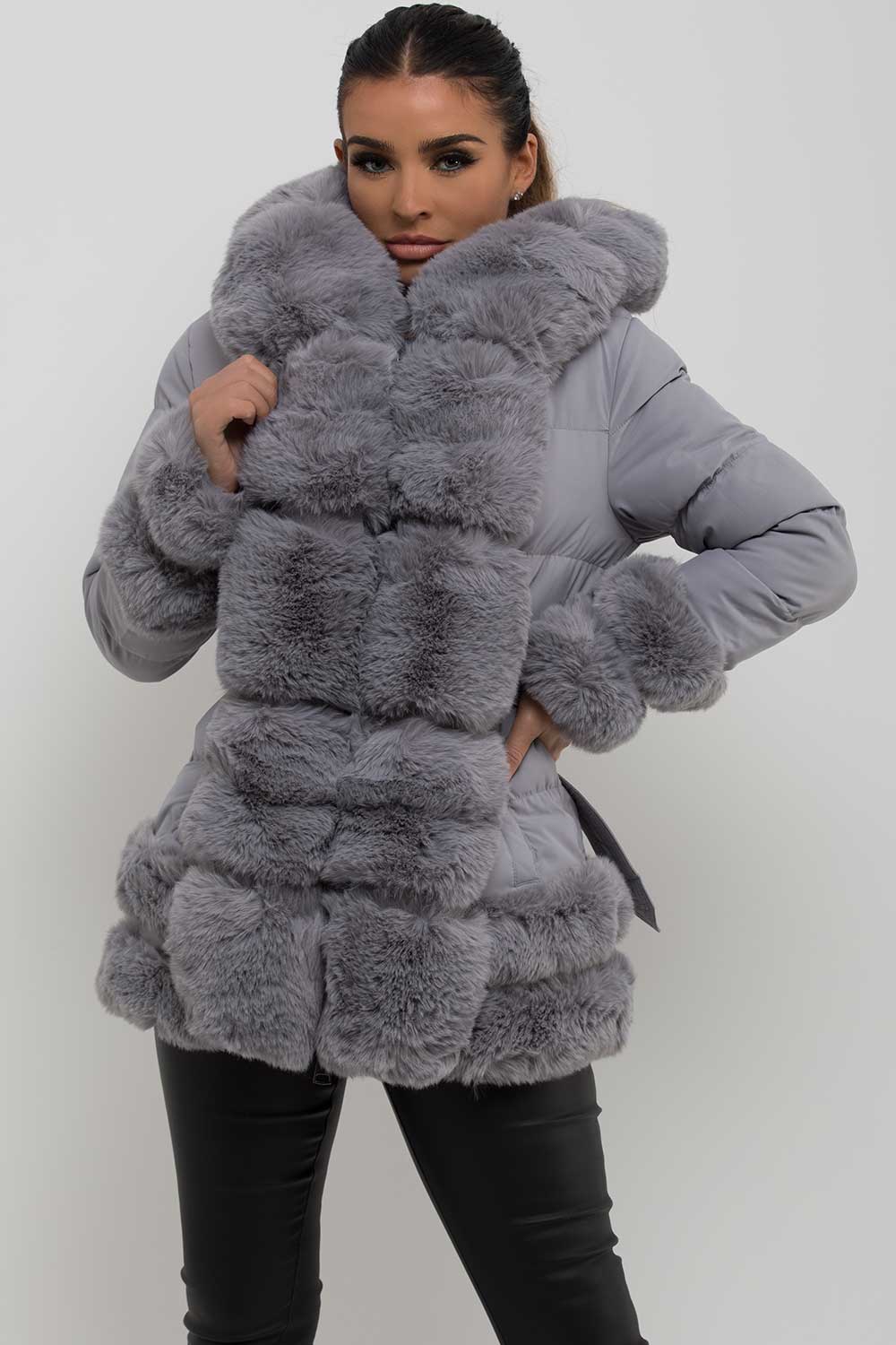 Puffer Jacket with Fur Hood Cuff and Trim Grey | Xtralitty