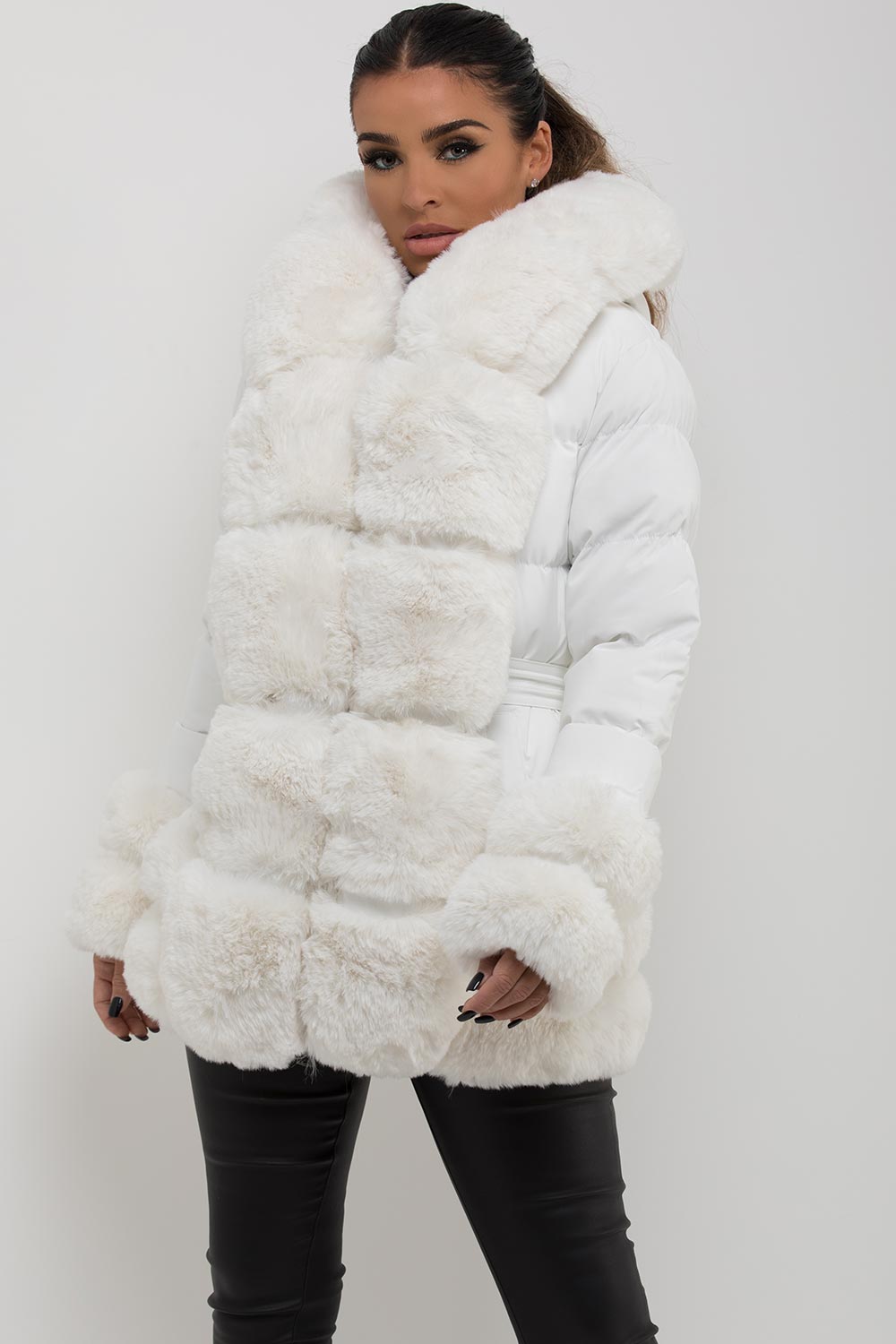 Puffer Jacket with Fur Hood Cuff and Trim White | Xtralitty