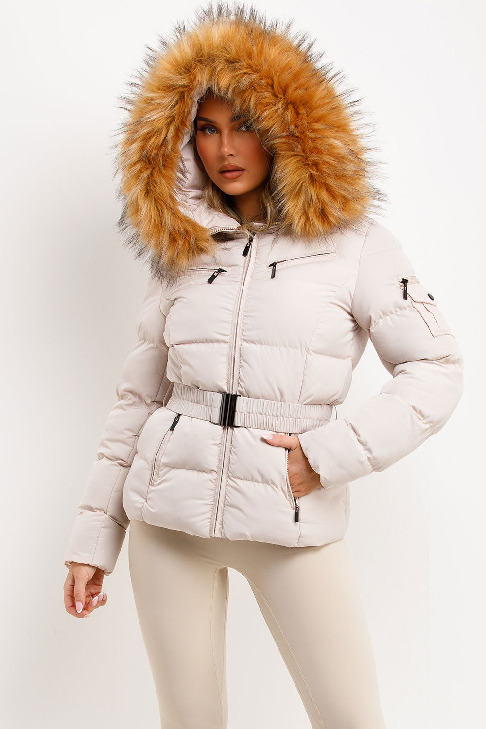 Faux Fur Hood Puffer Jacket with Belt Beige | Xtralitty